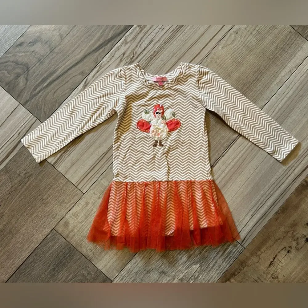 Havengirl turkey thanksgiving chevron tulle girls dress fall orange tan white 4